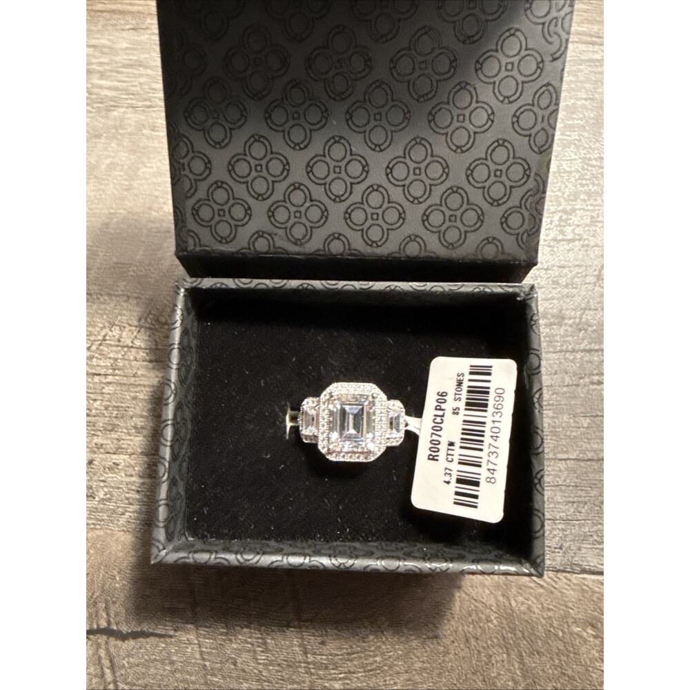 Lafonn Lassaire 3 Stone Ring Size 6 Emerald Cut 4.37 CTTW Silver Platinum NWT